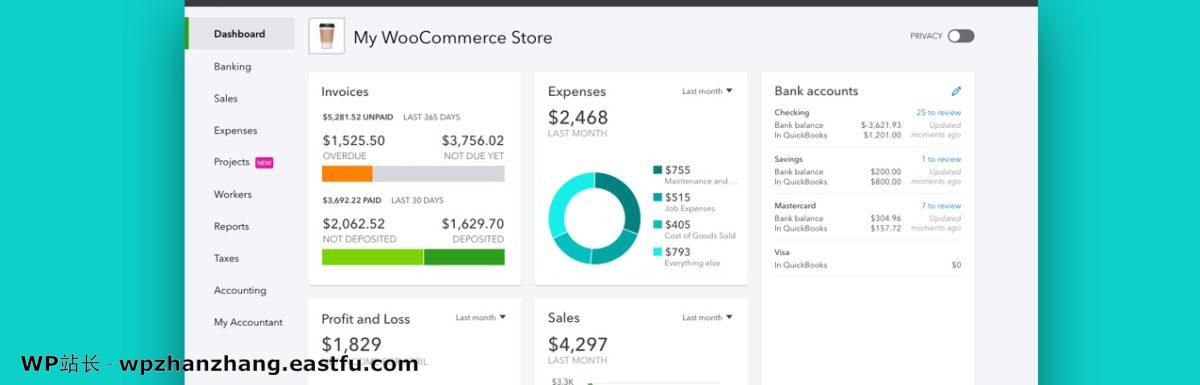 Quickbooks仪表板显示WooCommerce商店的指标
