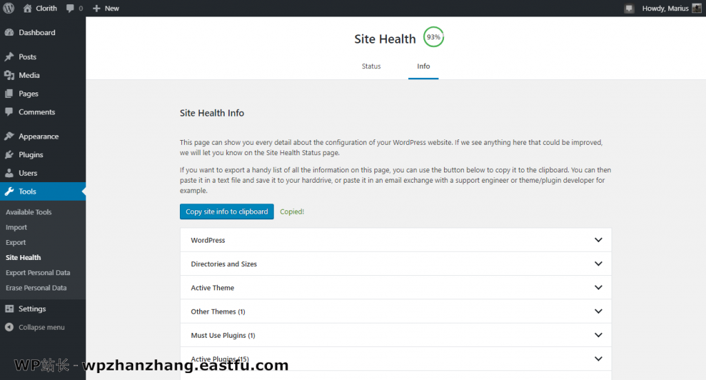 WordPress 5.2 网站健康检查 2 WordPress站点健康信息页面的屏幕截图