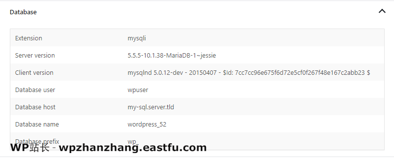 WordPress 5.2 网站健康检查 3 “站点运行状况信息”页面的数据库部分示例