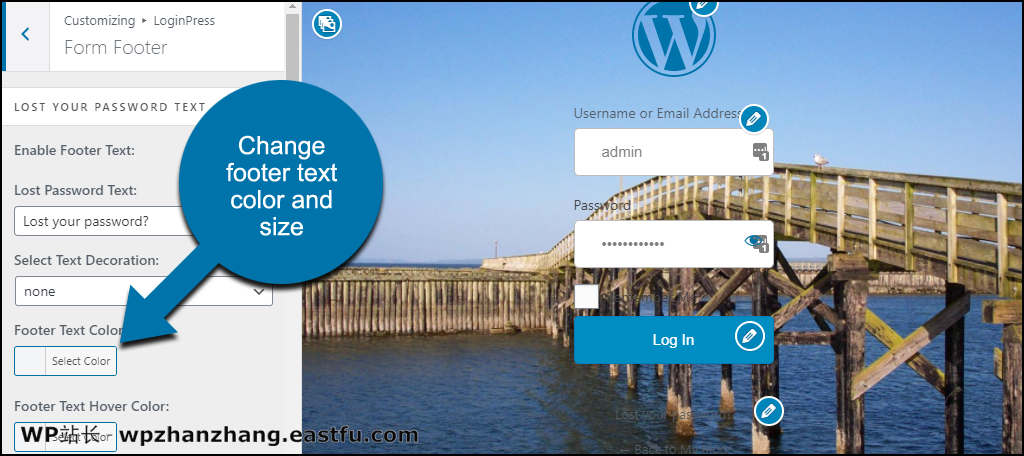 如何使用 LoginPress 创建 WordPress 自定义登录页面 18 LoginPress WordPress 插件更改页脚文本颜色