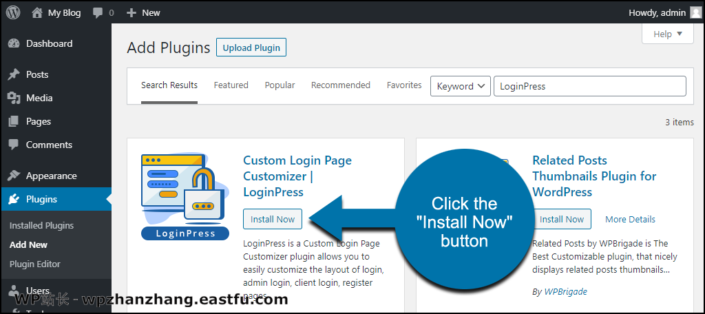 如何使用 LoginPress 创建 WordPress 自定义登录页面 3 单击以安装 WordPress LoginPress 插件