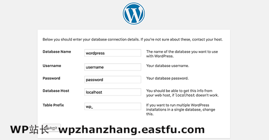 输入 WordPress 安装的数据库信息 输入 WordPress 安装的数据库信息