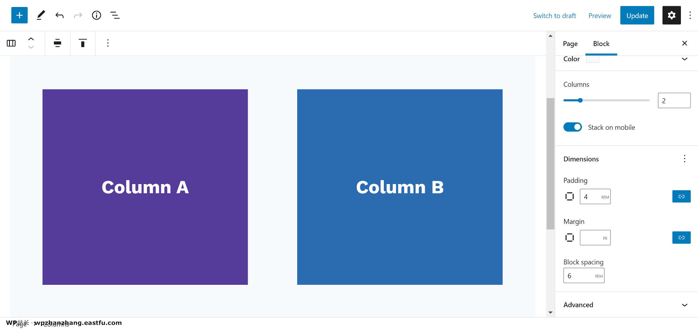 columns-gap-1 Columns block with a customized "block spacing" option in the sidebar.