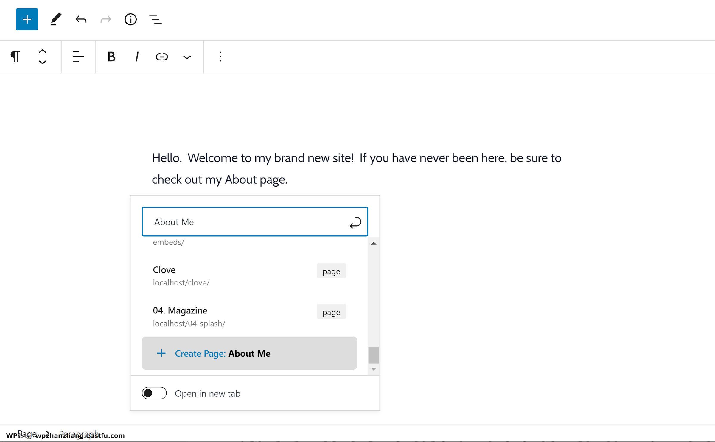 link-create-page-1 Link popover in the WordPress editor with an option to create a new page highlighted.