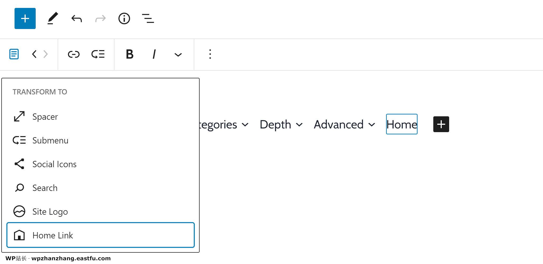 transform-nav-link-1 Block transformation menu for a nav menu item in the WordPress editor.