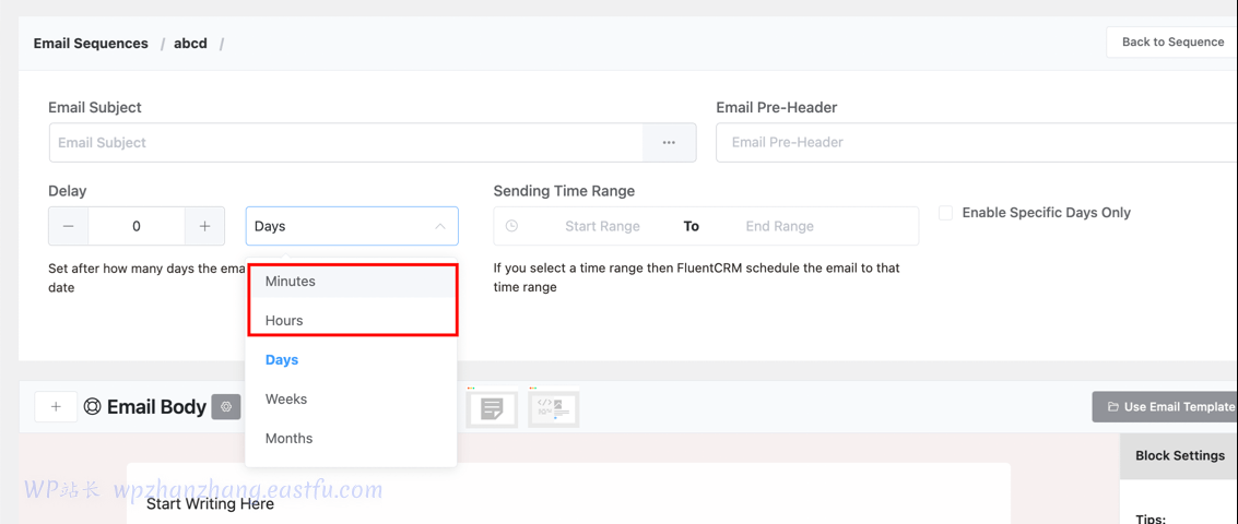 FluentCRM 2.6.0:更多功能、集成改进等等! 15 fluentcrm 电子邮件序列中的分钟和小时单位选择
