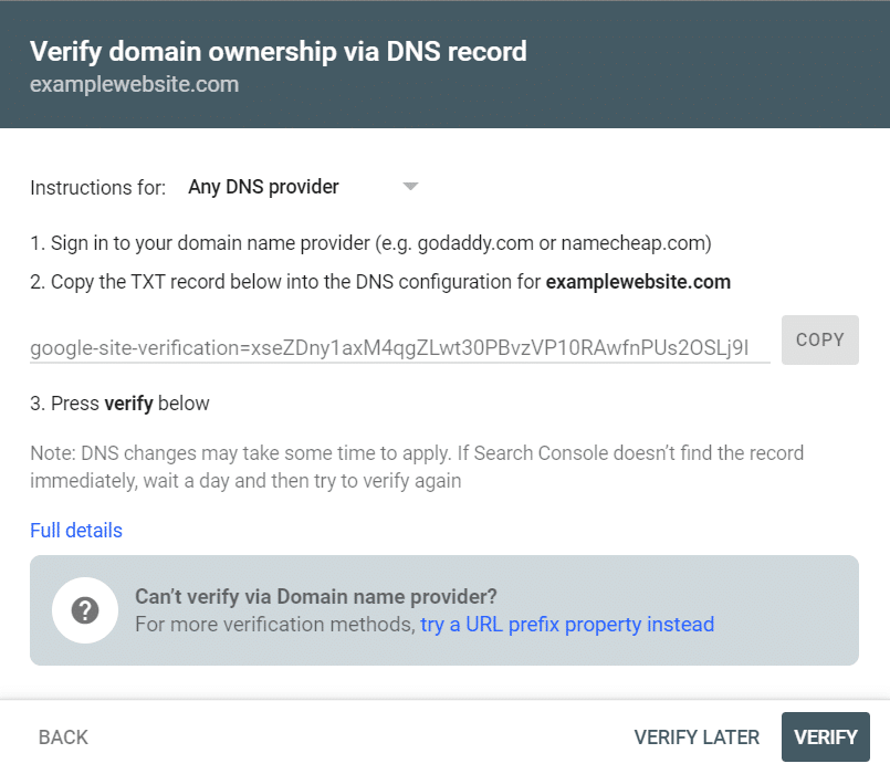 使用 DNS 验证搜索控制台