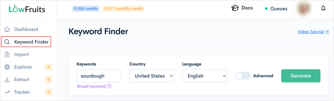 在 LowFruits 的关键词查找工具中输入种子关键词