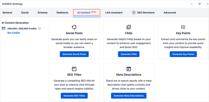 AIOSEO 设置 - AI 内容选项卡