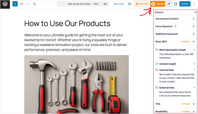 右侧窗格中的 AIOSEO 设置