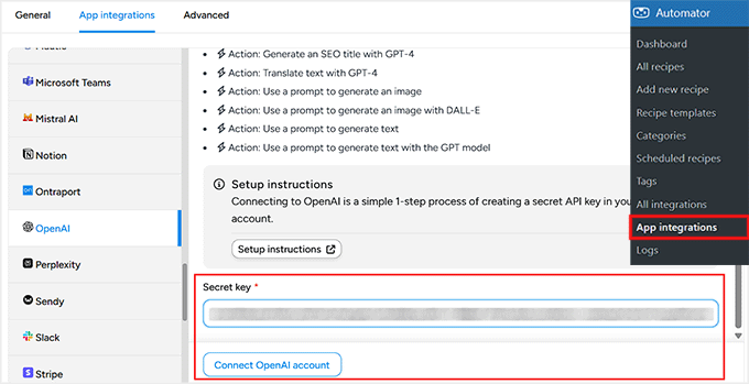 在 Uncanny Automator 中点击“连接 OpenAI 帐户”按钮
