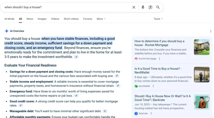 Google 搜索“我应该何时买房？”的结果