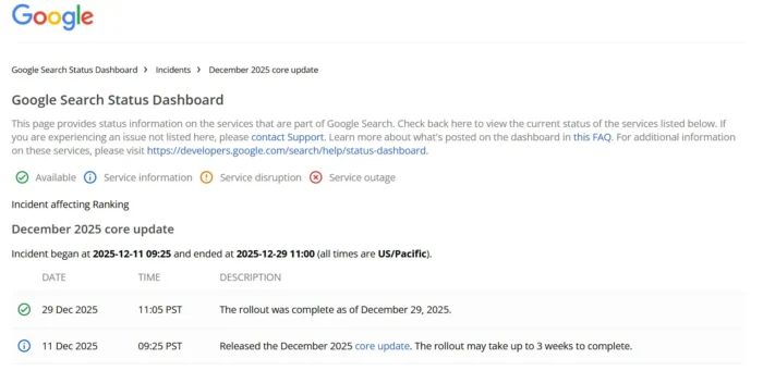 2025 年 12 月的 Google 搜索状态信息中心。