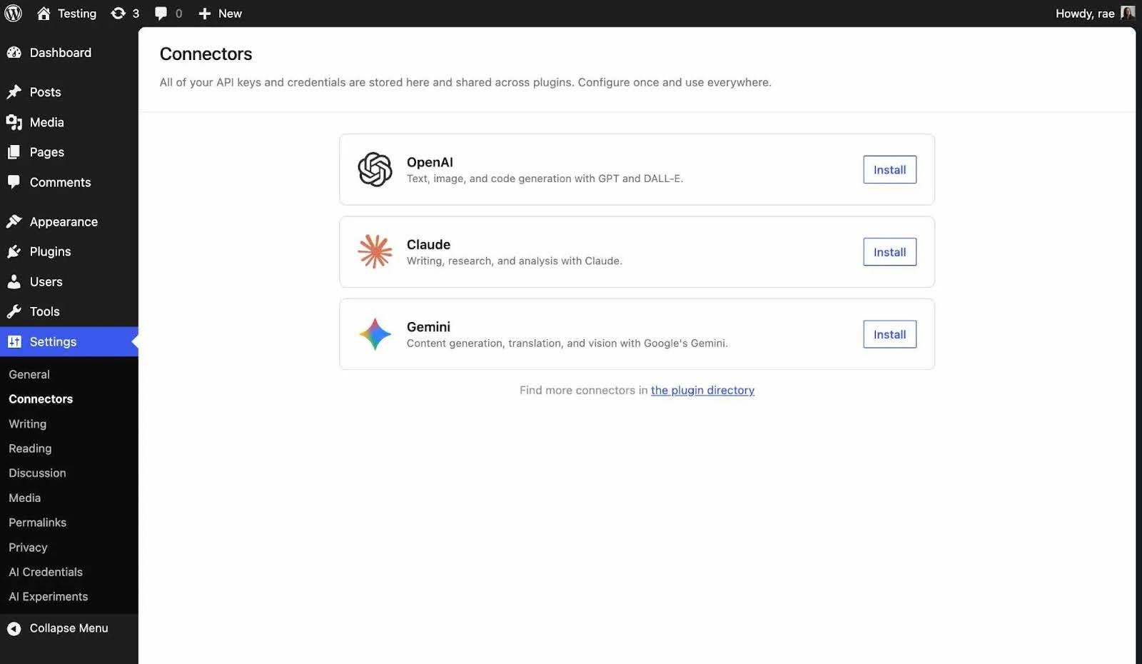 WordPress AI: 7.0如何为AI驱动的网站奠定基础 1 WordPress 7.0 AI 连接器页面截图。