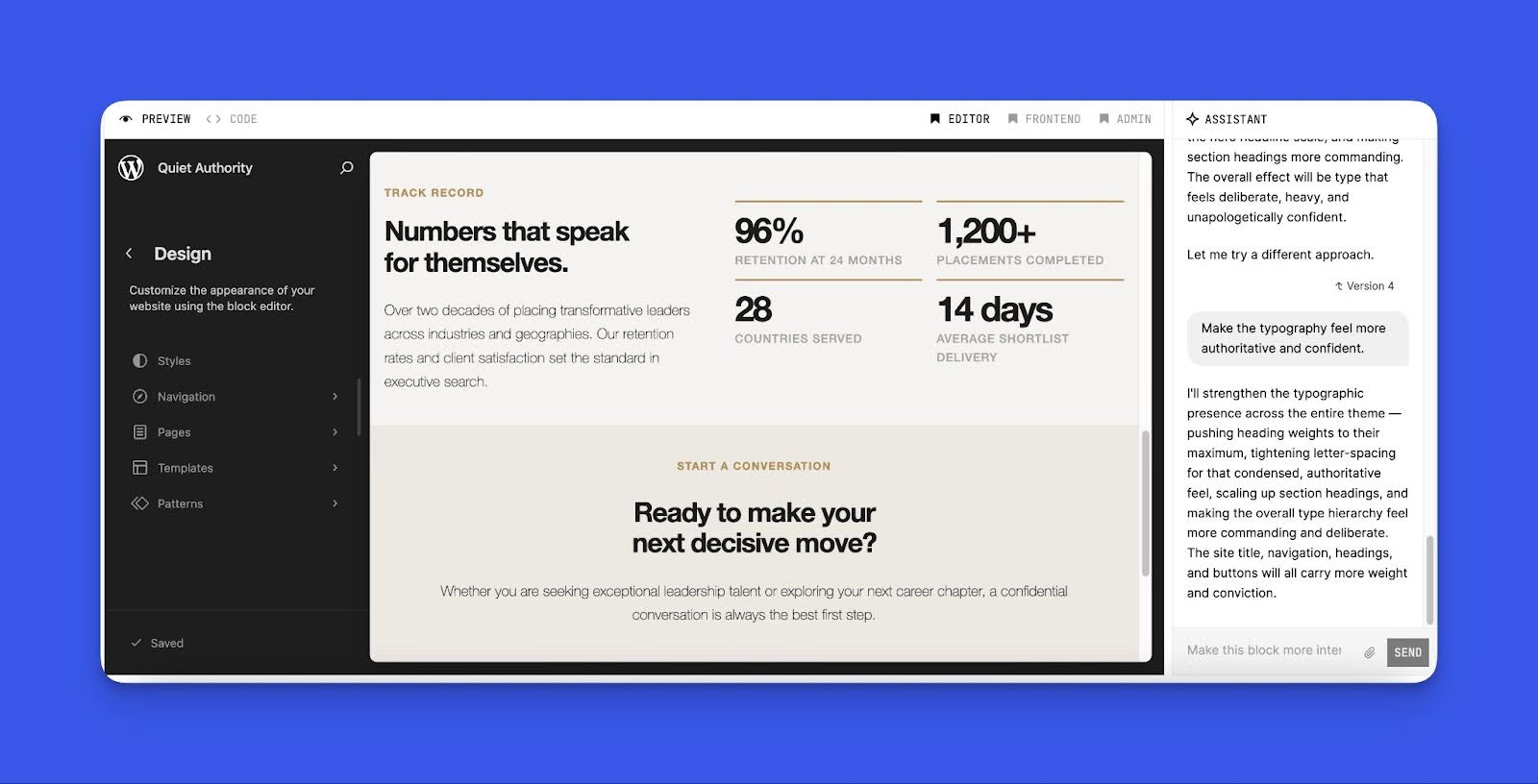 WordPress AI: 7.0如何为AI驱动的网站奠定基础 3 WordPress AI 网站构建器的屏幕截图。