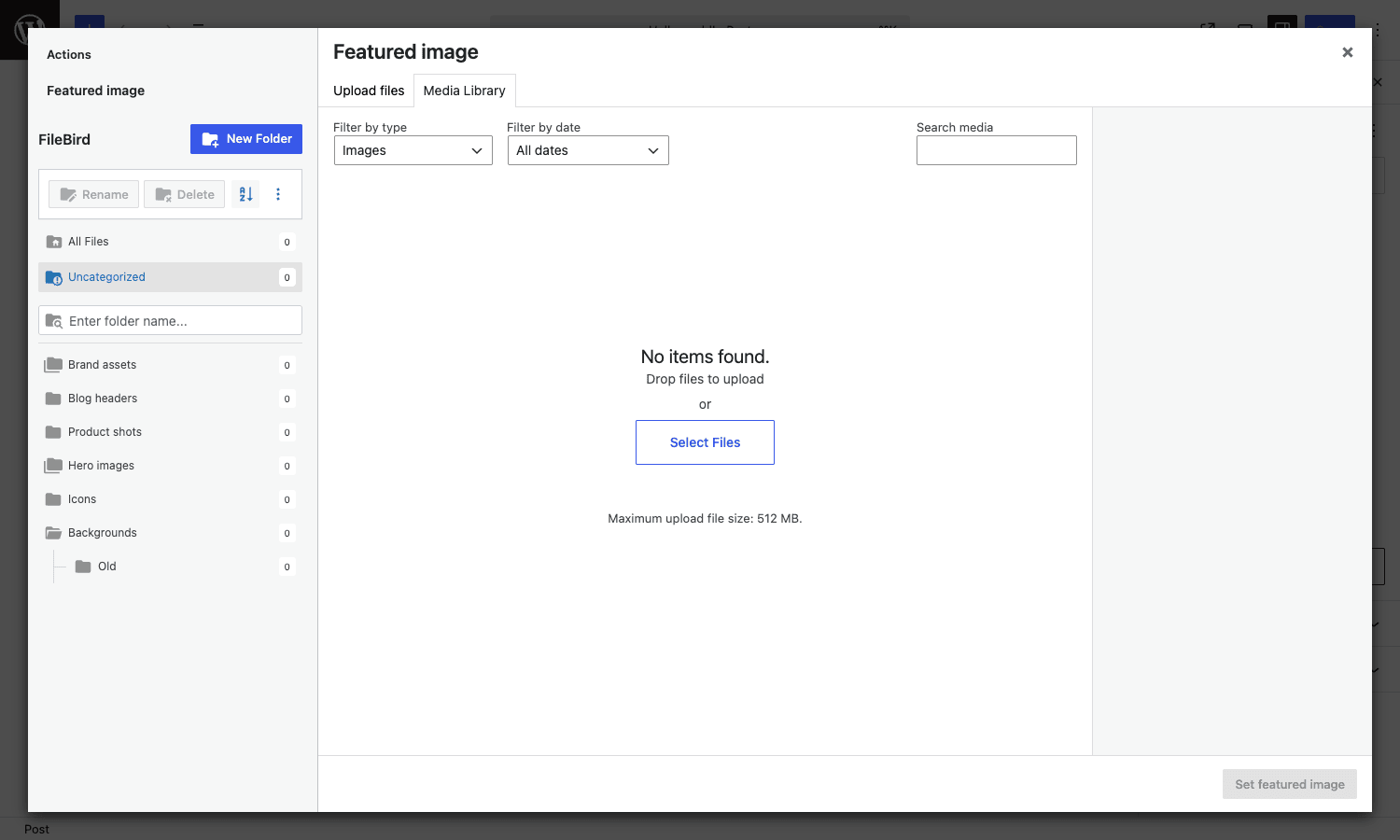 区块编辑器媒体模态框中的 FileBird 侧边栏 区块编辑器中的“添加媒体”模态框,FileBird文件夹侧边栏可见