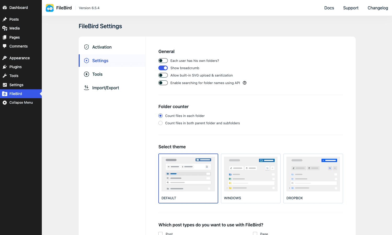 FileBird 设置面板 FileBird 设置面板,包含排序方式、默认文件夹、搜索 API 和用户自定义开关