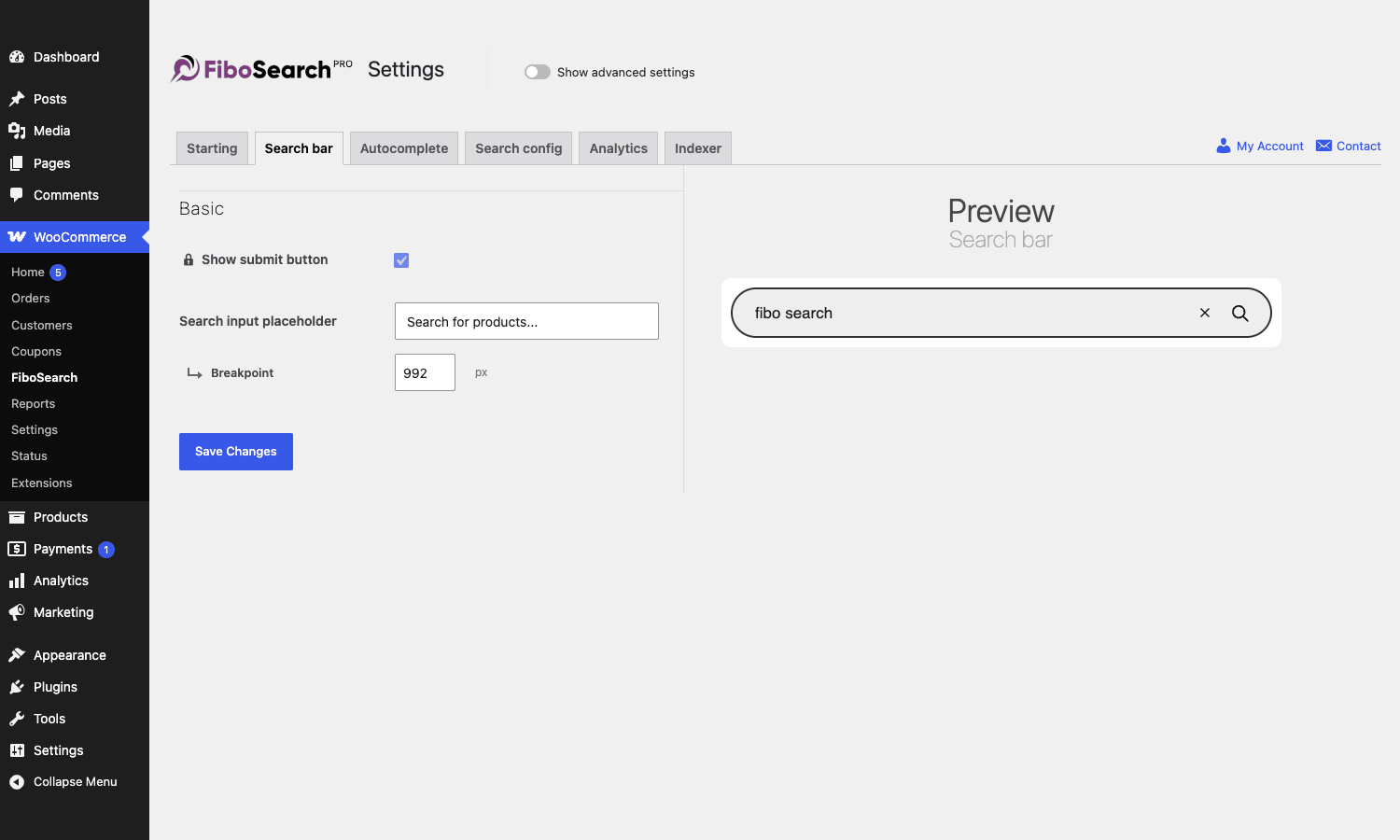 FiboSearch 搜索栏设置面板，右侧带有输入内容的实时预览。