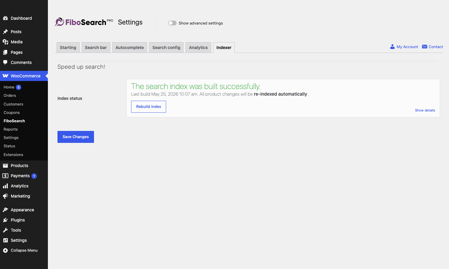FiboSearch 索引器选项卡显示绿色“搜索索引已成功构建”状态