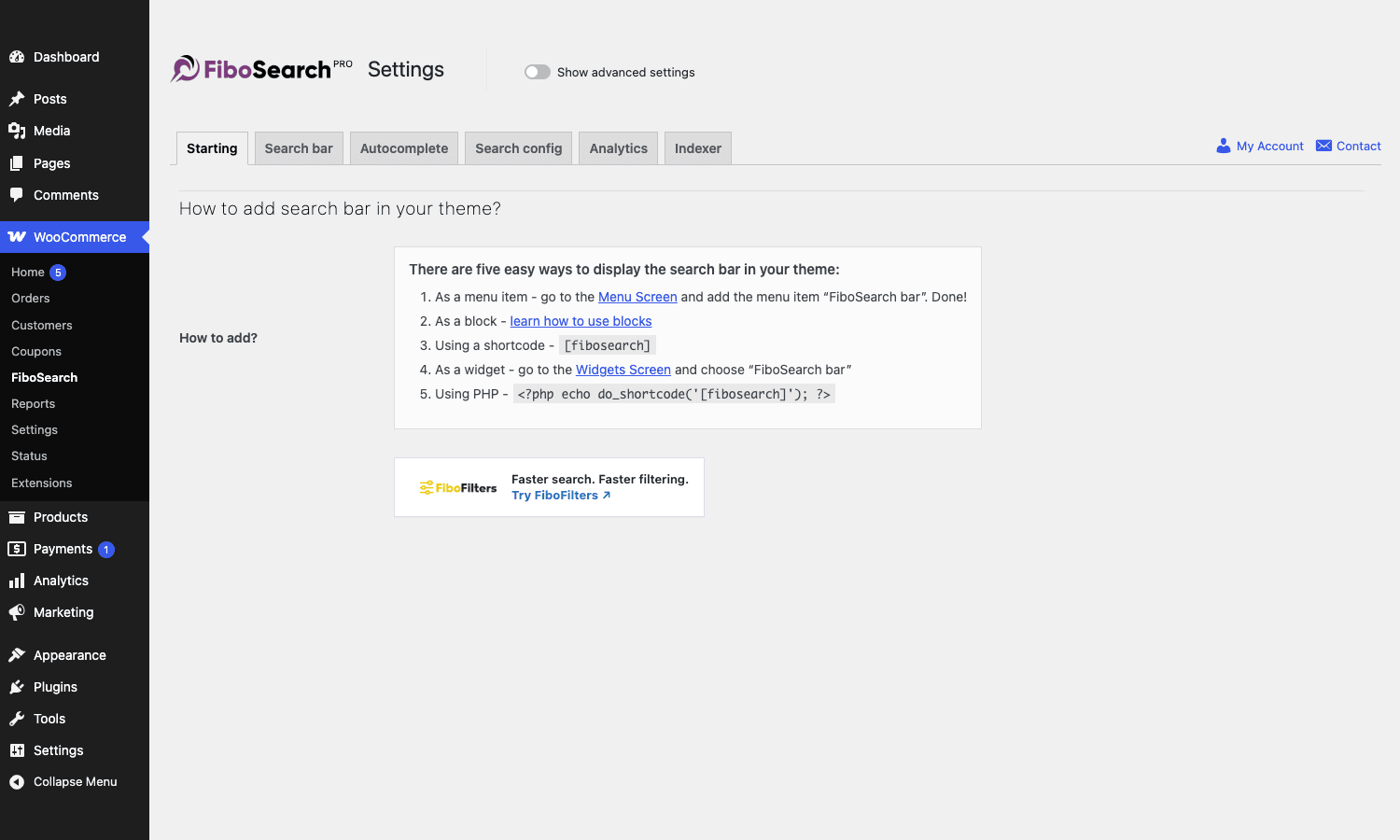 FiboSearch 起始标签页列出了向主题添加搜索栏的五种方法