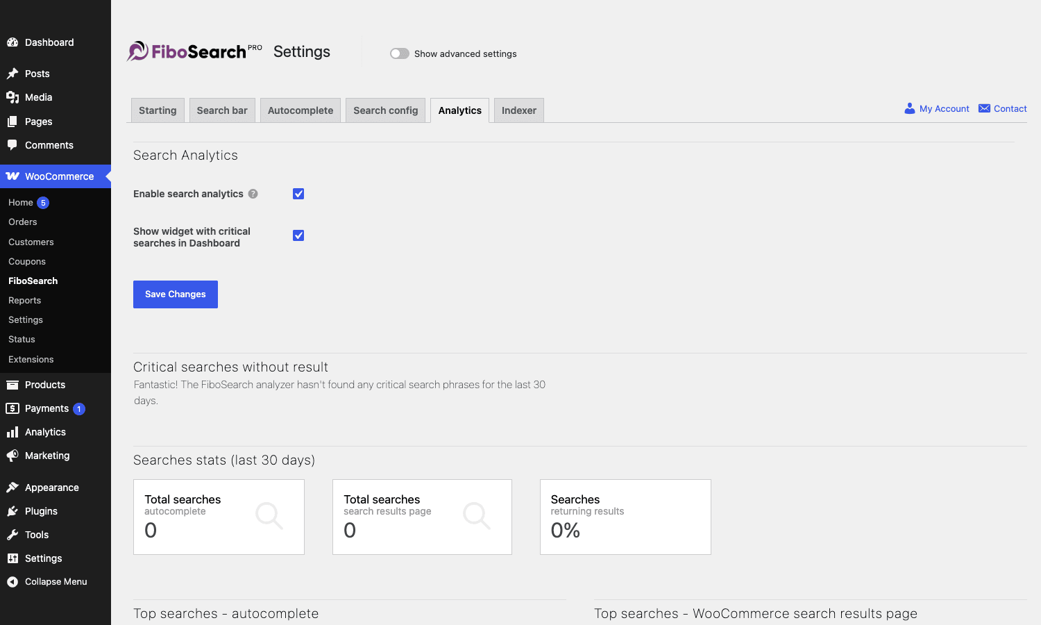 FiboSearch 分析仪表板显示了启用开关、仪表板小部件开关、关键搜索部分和搜索统计信息块