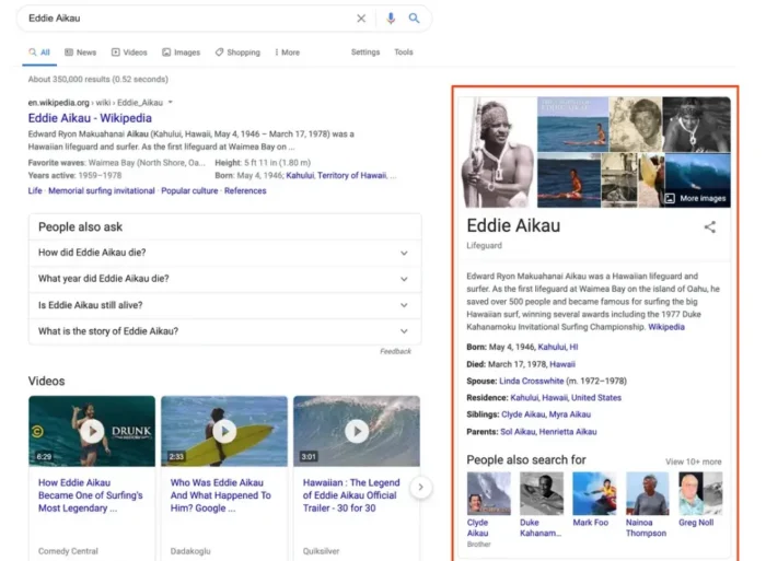 实体SEO指南:从关键词到实体理解 8 在谷歌搜索结果页面中,“Eddie Aikau” 的相关信息以红色方框突出显示。