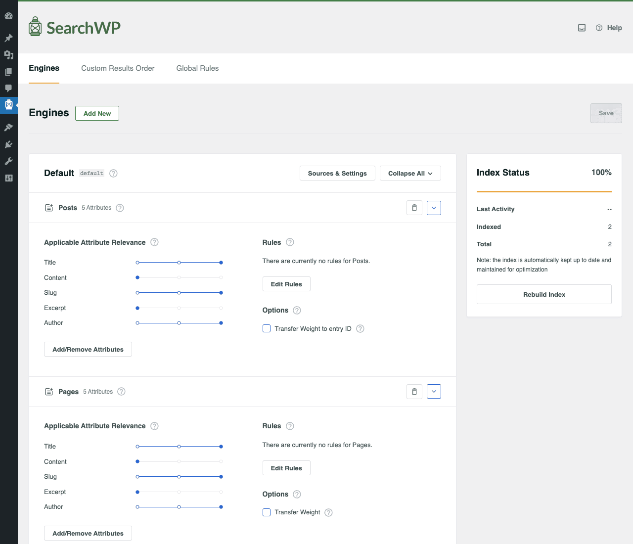 SearchWP 算法和引擎配置 SearchWP 算法页面显示了默认引擎,其中包含文章(5 个属性)和页面(5 个属性)的来源,以及标题、内容、别名、摘要和作者的属性相关性滑块,索引状态侧边栏显示 100% 已索引。