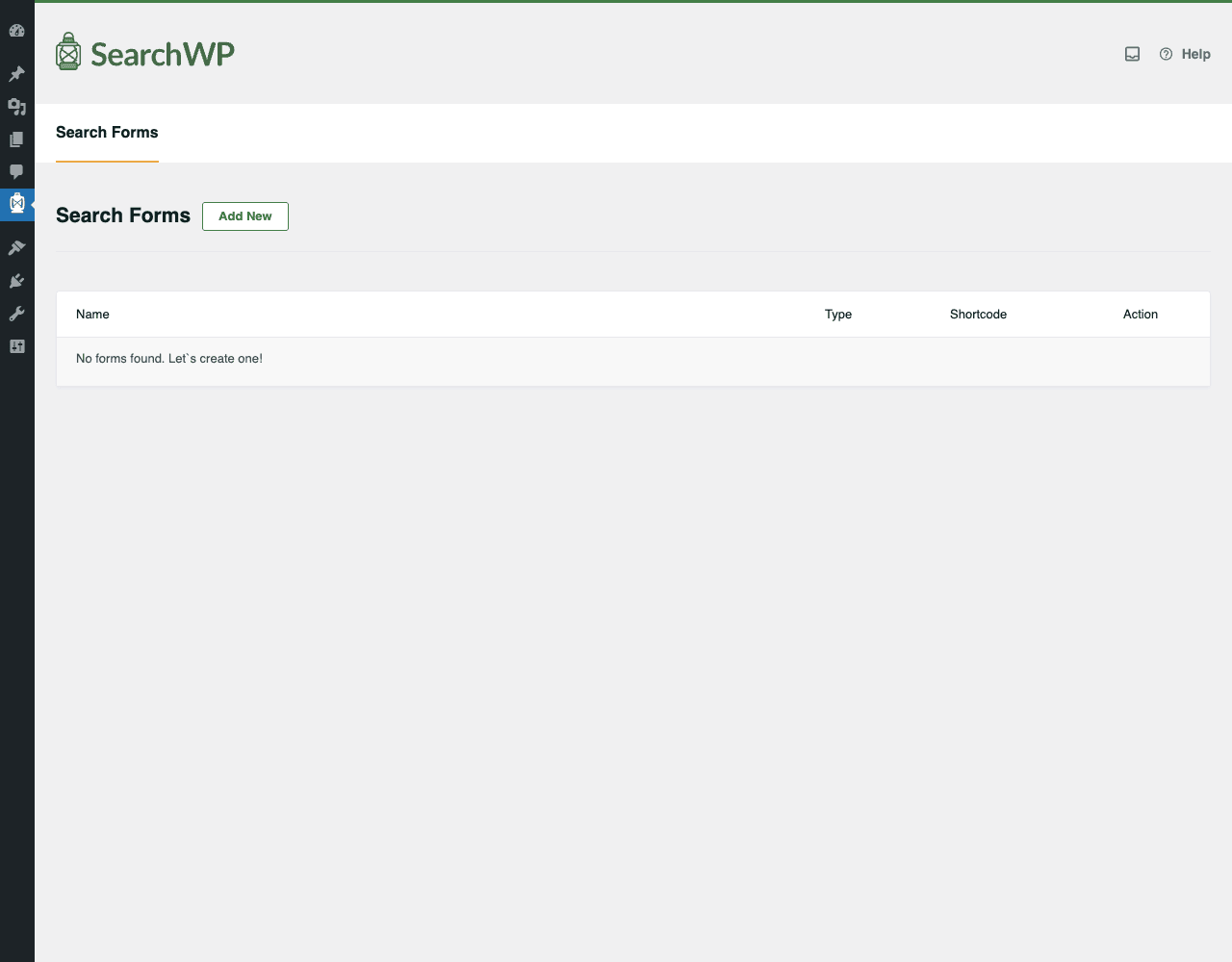 SearchWP 搜索表单 SearchWP 搜索表单选项卡显示为空白状态,带有“添加新表单”按钮,可用于创建带有搜索引擎选择和模板选项的自定义搜索表单。