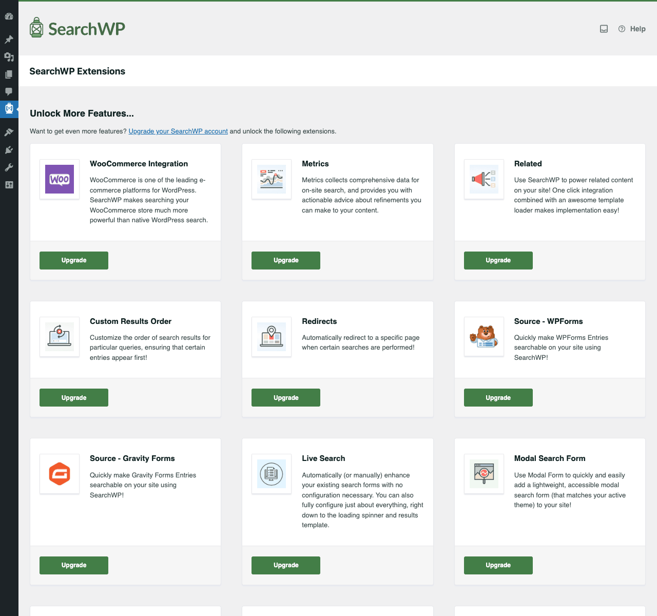 SearchWP 扩展 SearchWP 扩展程序网格显示了 WooCommerce 集成、指标、相关内容、自定义结果排序、重定向、来源扩展程序(WPForms、Gravity Forms)、实时搜索和模态搜索表单