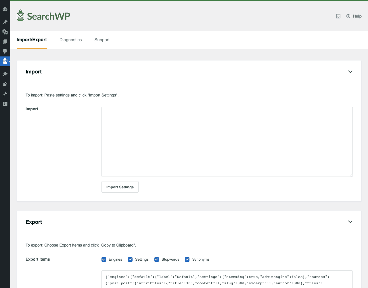 SearchWP 工具导入/导出 SearchWP 工具选项卡显示导入/导出功能(带有 JSON 粘贴框),以及诊断和支持选项卡。
