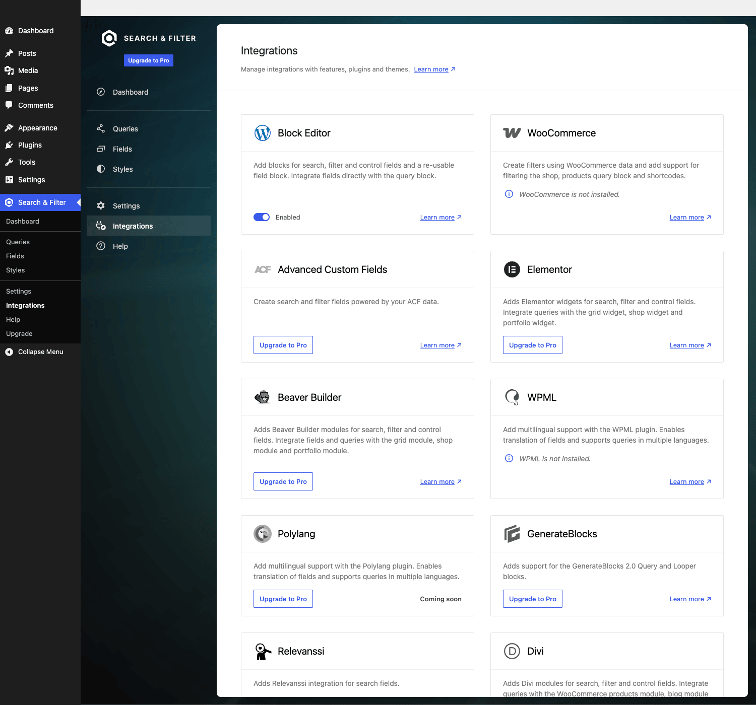集成网格，包含适用于 Block Editor、WooCommerce、ACF、Elementor、Beaver Builder、WPML、Polylang、GenerateBlocks、Relevanssi 和 Divi 的卡片。